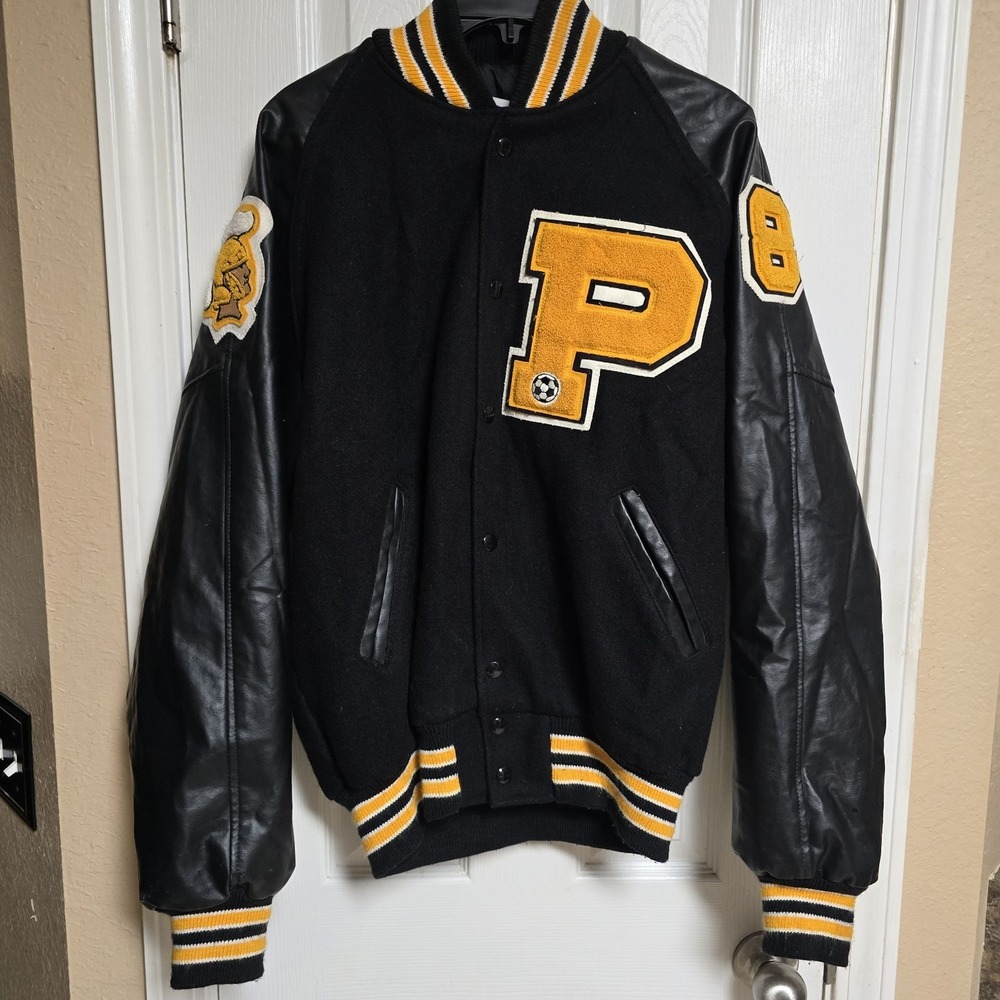Vintage Neff Varsity Letterman Jacket Black Wool Leather Sleeves P Patch Soccer